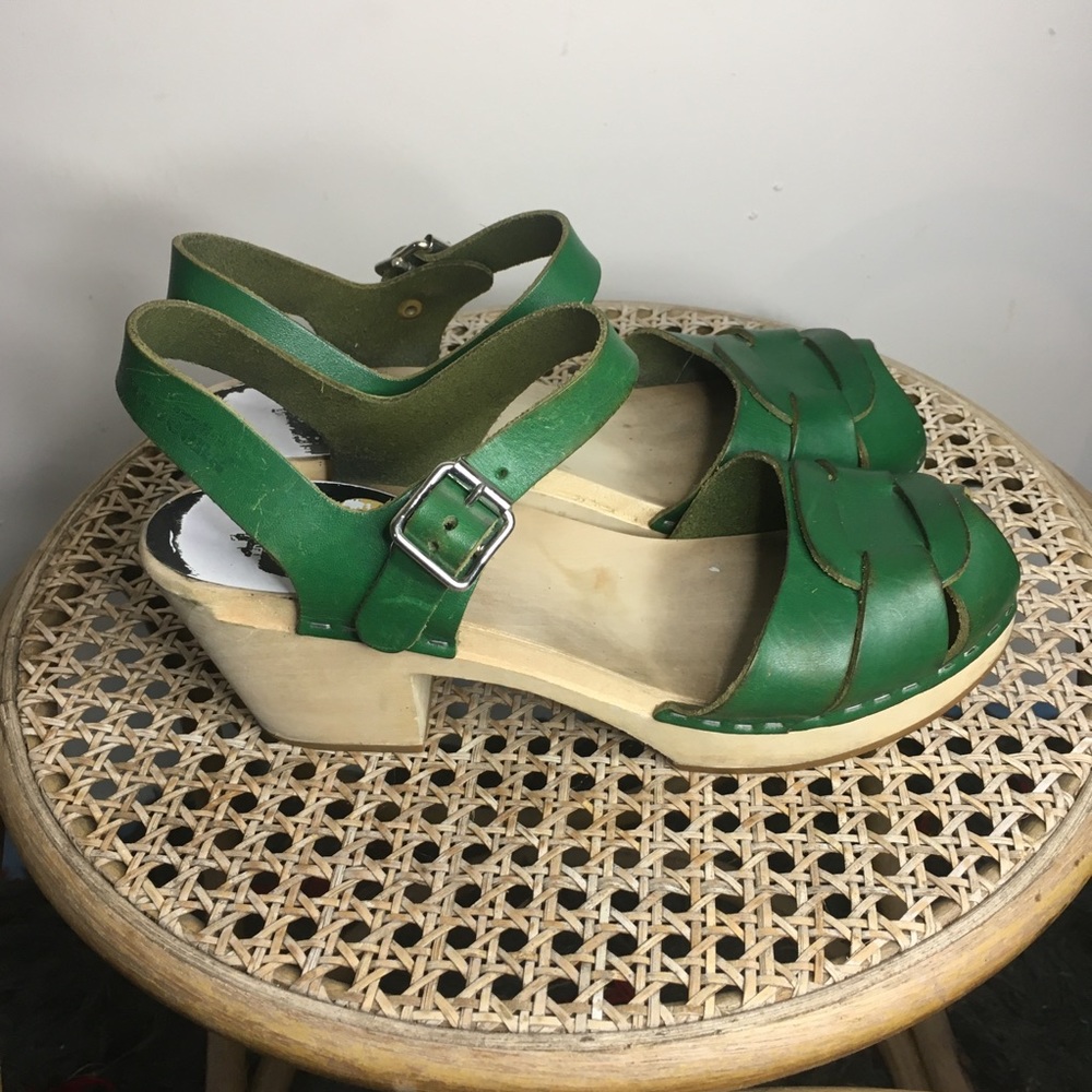 Swedish Hasbeens Green Leather Mules